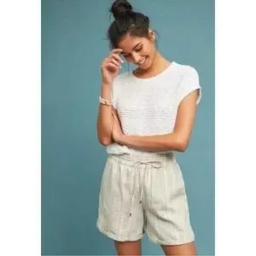 Anthropologie Women Shorts Sz XS Cream Grey Striped Linen Pull On High Rise